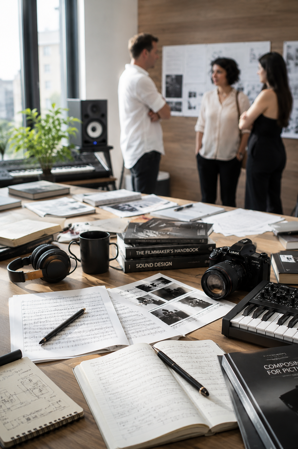 Espacio de colaboración creativa con libros de cine y sonido, partituras, cámara y profesionales discutiendo al fondo.