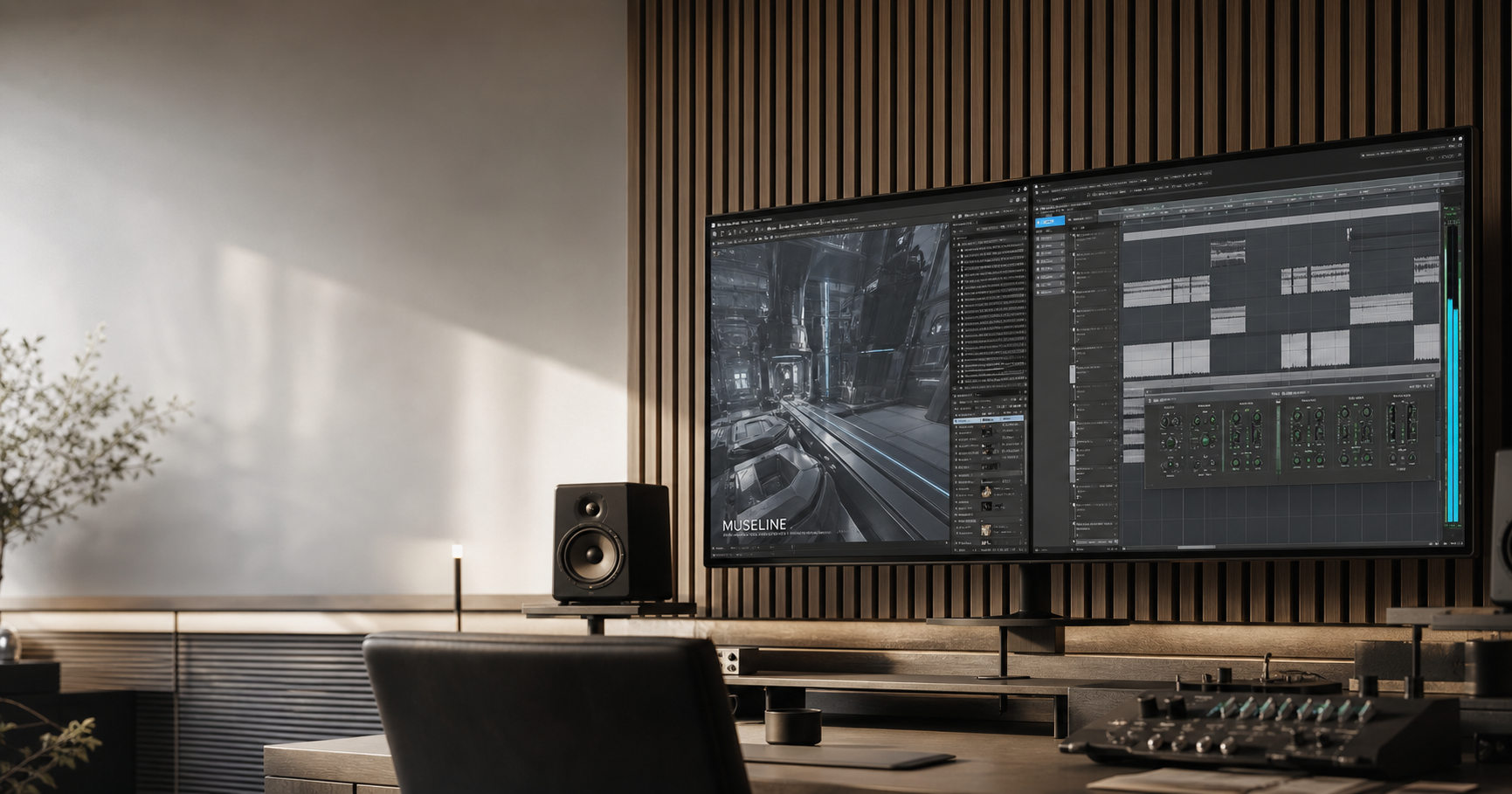 Composición y diseño sonoro para videojuegos en un estudio profesional con pantalla dividida entre juego y software de audio