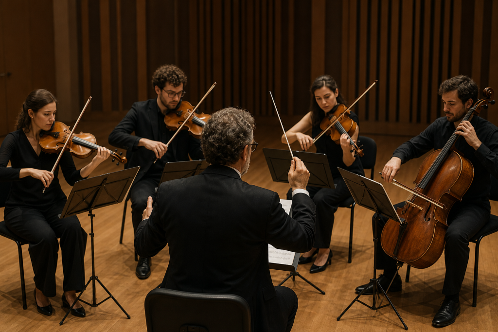 Cuarteto de cuerda y director en un proceso de arreglos musicales dentro de un entorno profesional