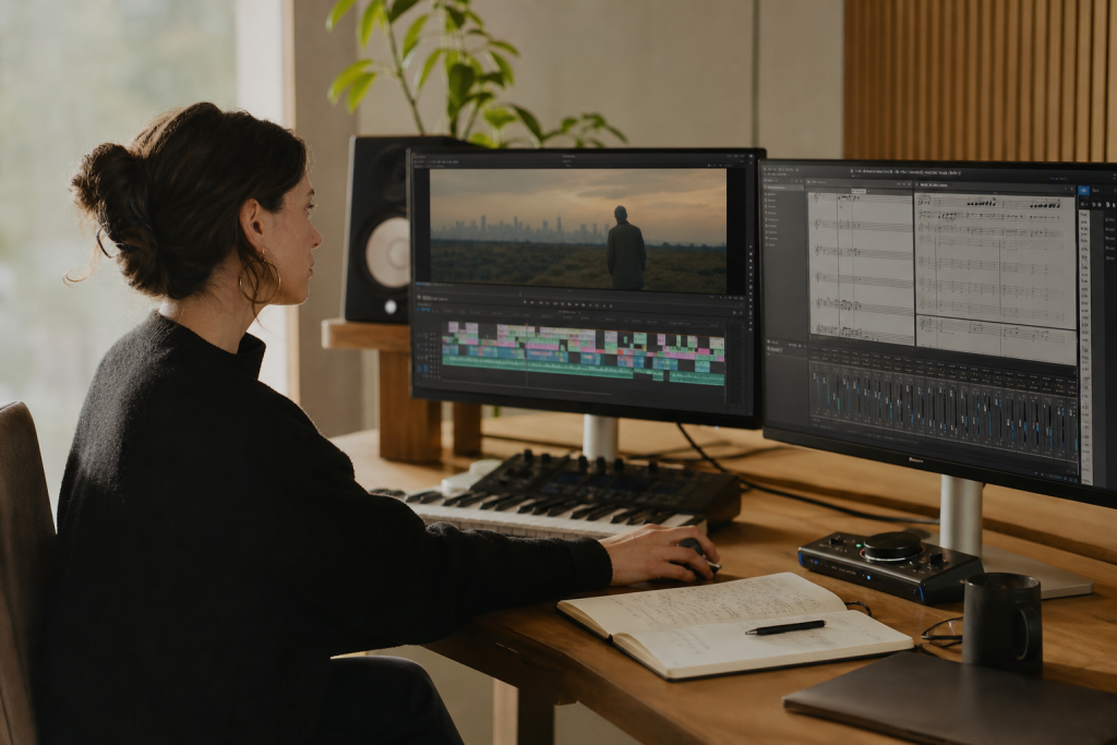 Mujer frente a pantallas con secuencia audiovisual y software de audio