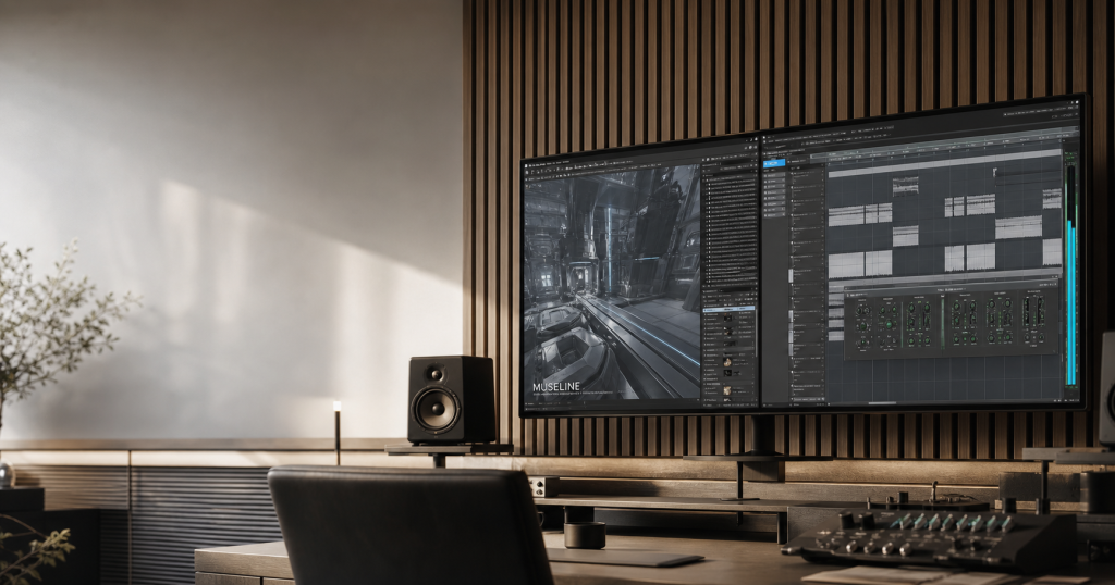 Estudio profesional con pantalla dividida entre videojuego y software de audio